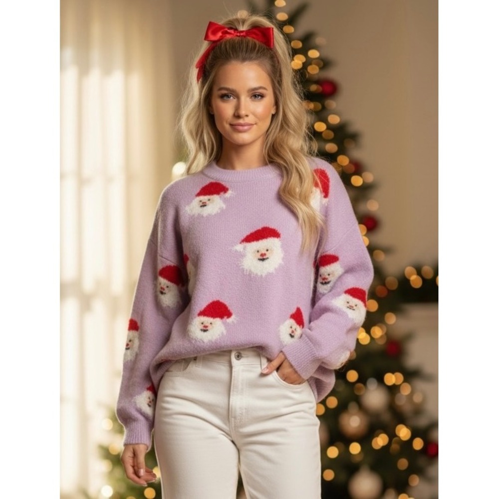 NEW Santa Claus Christmas XL Sweater Lavender Purple Fuzzy Graphic Knit XL